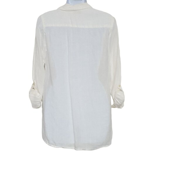 Coldwater Creek Linen Blouse Womens S Long Roll Tab Sleeve V Neck White Button - Picture 4 of 8